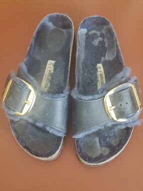 Birkenstock Navy Shearling Madrid Slide with Gold Buckle